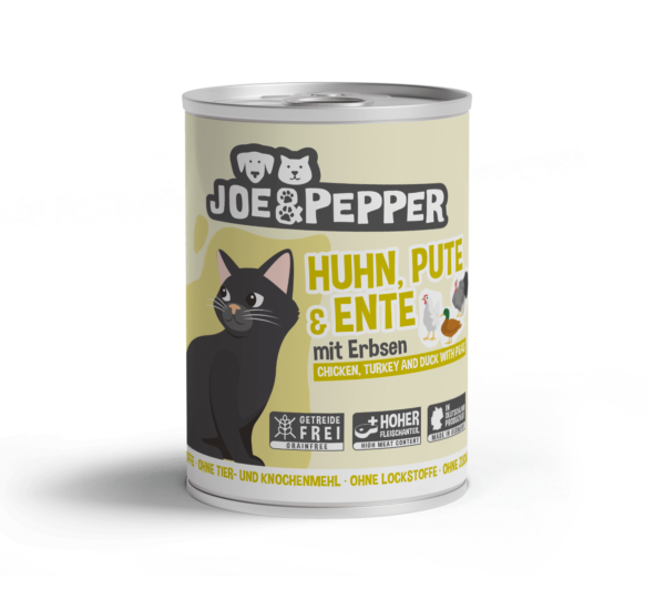 Joe & Pepper Cat Huhn, Piletina, puretina i patka s graškom 400 g – mokra hrana za odrasle mačke