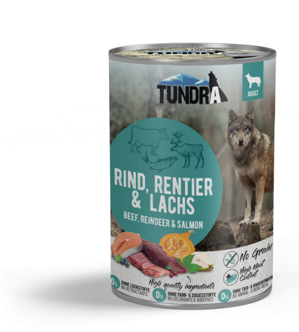 TUNDRA Dog Govedina, Sob i Losos 400 g – Konzerva za pse bez žitarica