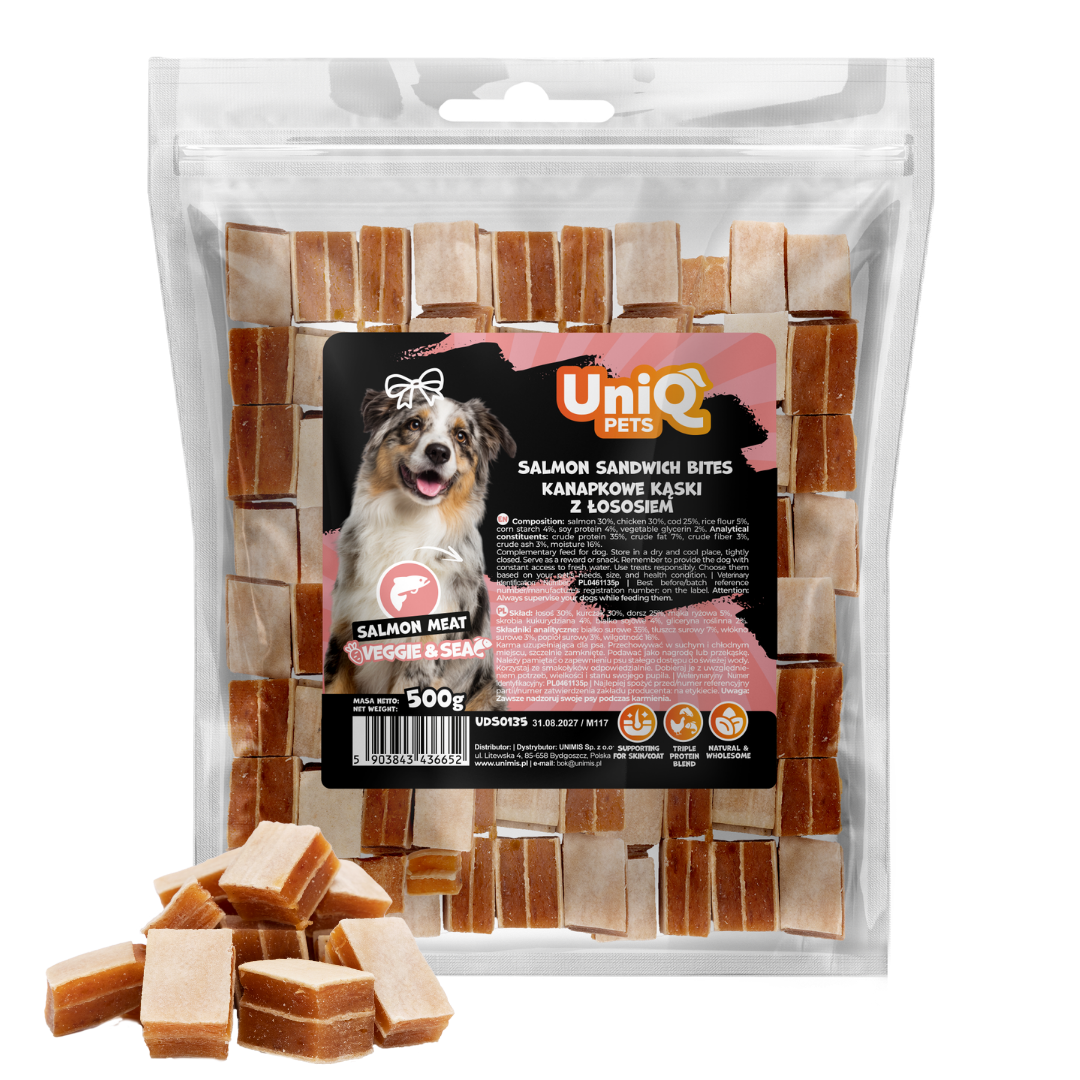 UNIQ PETS VEGGIE & SEA Sendvič Zalogaji s Lososom za Pse 500g