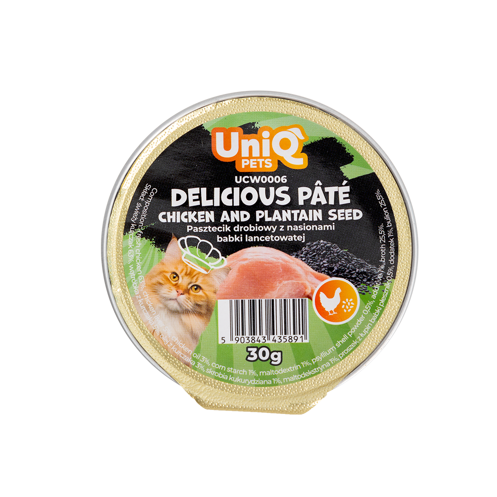 UNIQ PETS DELICIOUS Mokra Hrana za Mačke, Kremasta Pašteta s Piletinom i Psilijumom, 8 x 30g