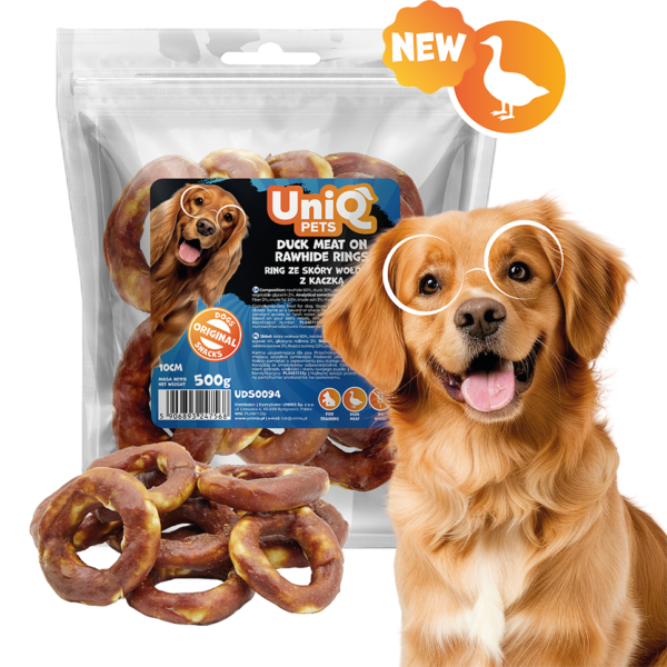 UNIQ PETS DOG SNACKS RAWHIDE Prsteni od Goveđe Kože s Pačjim Mesom, 500g (10,5 cm)
