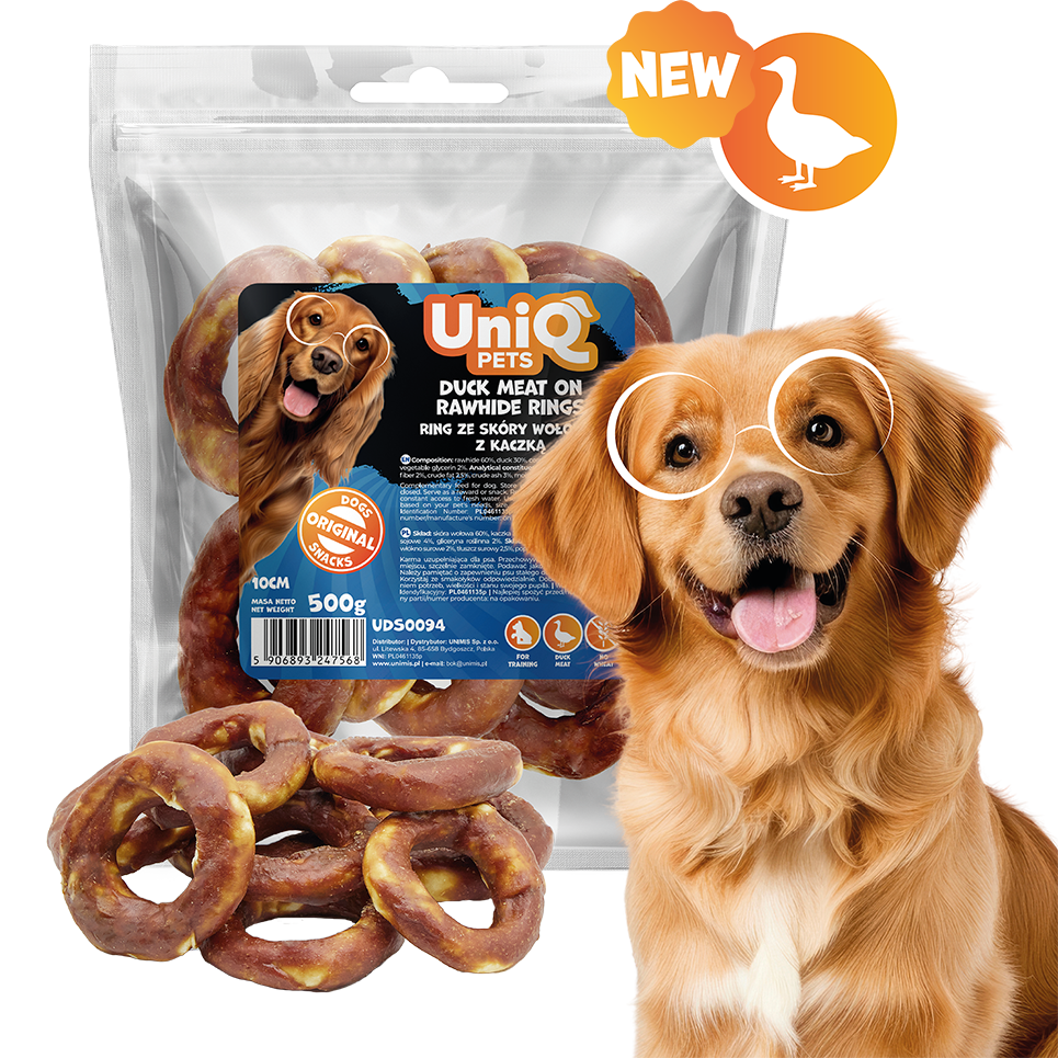 UNIQ PETS DOG SNACKS RAWHIDE Prsteni od Goveđe Kože s Pačjim Mesom, 500g (10,5 cm)